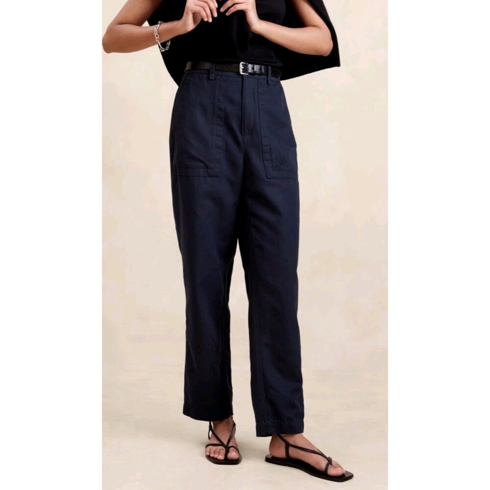 New Banana Republic Size 10 Cargo Pants Navy Cotton Linen Relaxed Utility